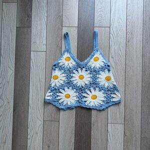 Rebellion Blue and White Floral Crochet Crop Top